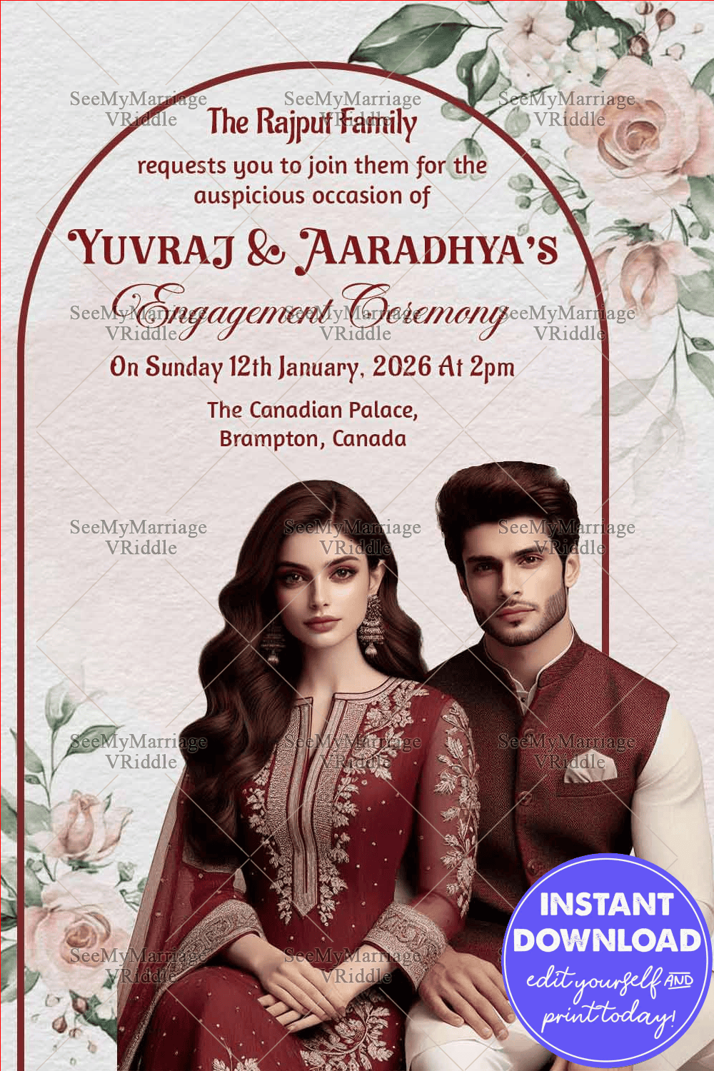 Maroon-Beige Themed Engagement Invitation with Rose Motifs and Couple Portrait
