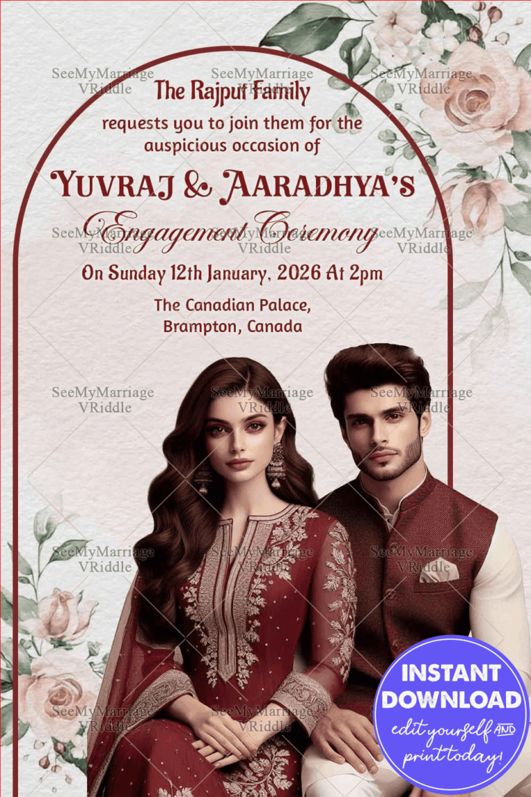 Maroon-Beige Themed Engagement Invitation with Rose Motifs and Couple Portrait
