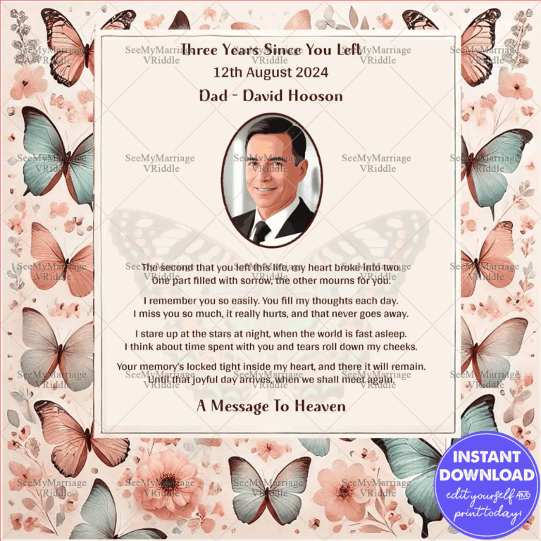 Memorial Tribute Design with Butterfly Motif, Poetic Messages, and a Floral Border for a Loved One
