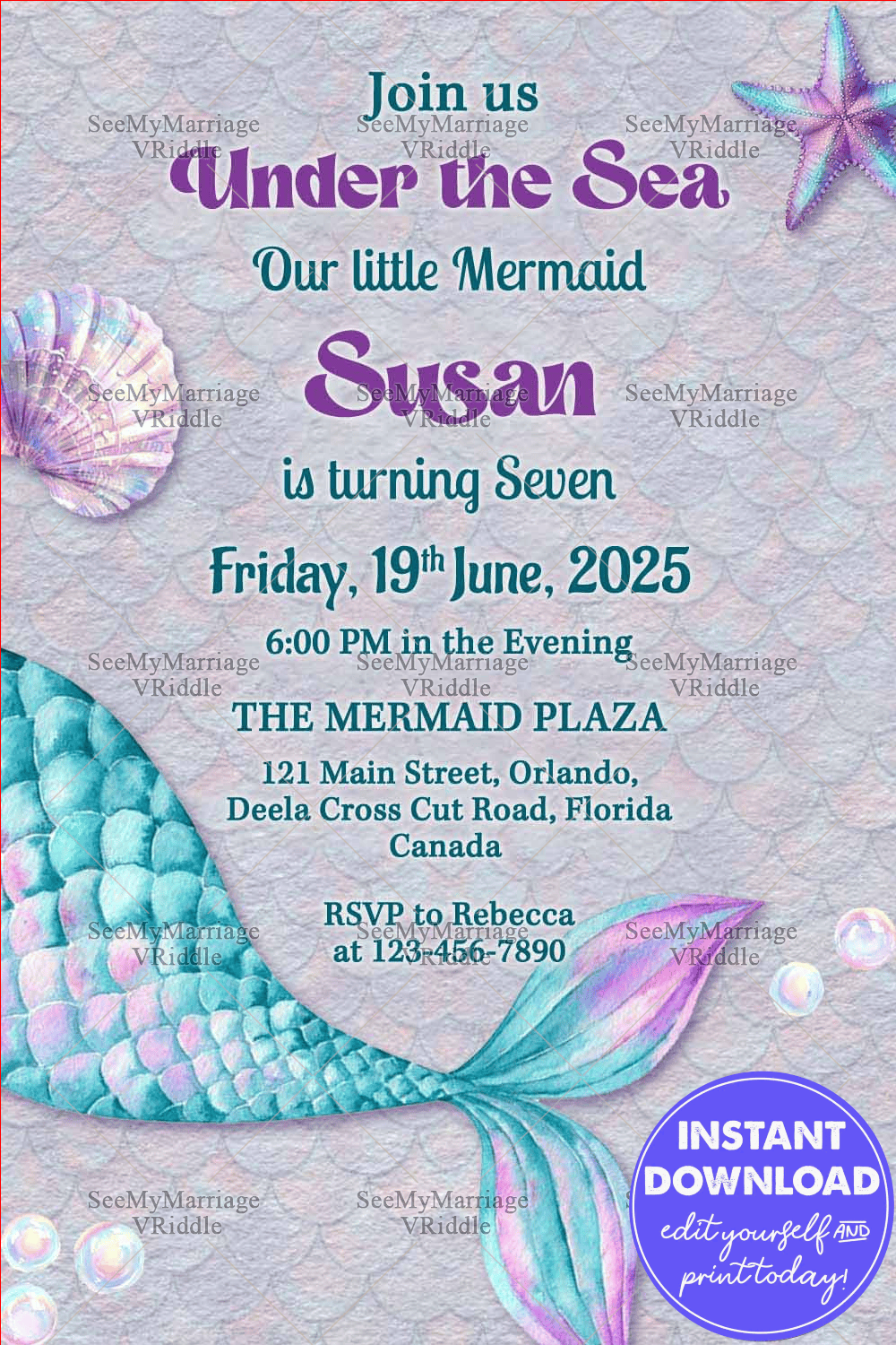 Mermaid Themed 7th Birthday Invitation with Pastel Scales Starfish and Oceanic Motifs