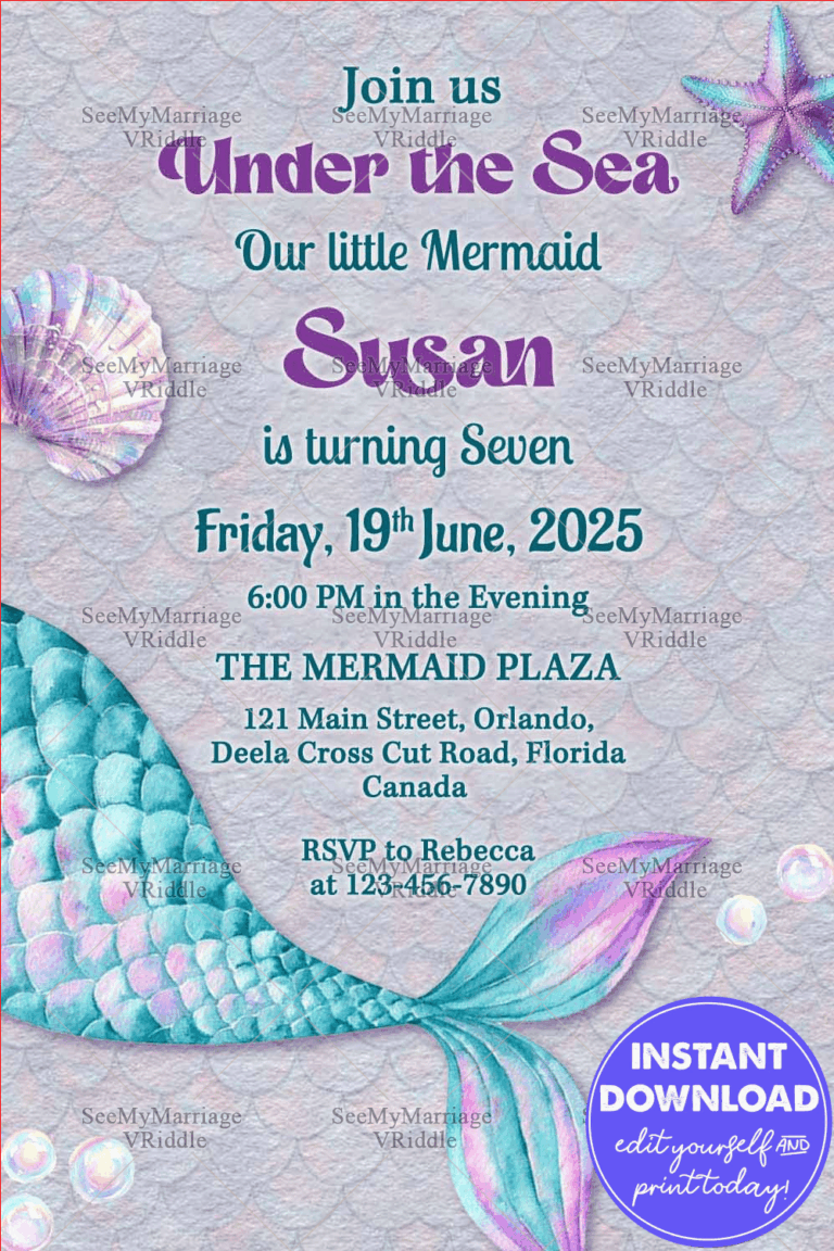 Mermaid-Themed 7th Birthday Invitation with Pastel Scales, Starfish, and Oceanic Motifs