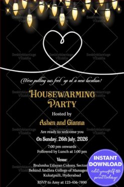 Minimalist Black-Themed Housewarming Invitation with Golden String Lights on Top and Heart Illustration