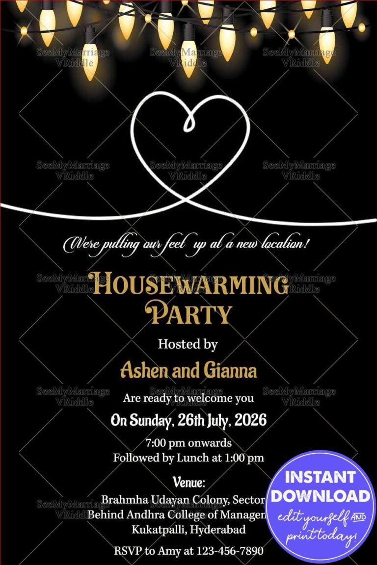 Minimalist Black-Themed Housewarming Invitation with Golden String Lights on Top and Heart Illustration