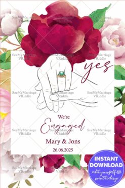 Minimalist Engagement Announcement with Bold Watercolor Floral Borders and Minimalist Hand with a Ring Illustration