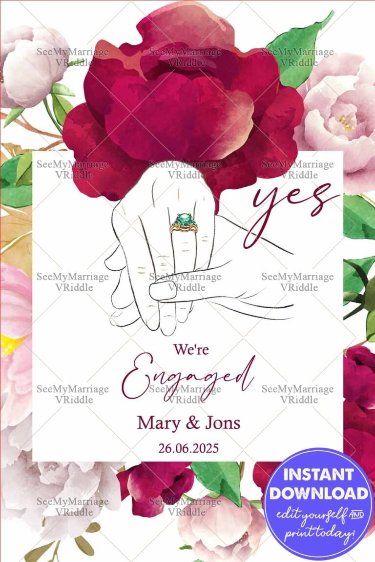 Minimalist Engagement Announcement with Bold Watercolor Floral Borders and Minimalist Hand with a Ring Illustration