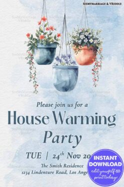 Minimalistic Housewarming Invitation with Hanging Planters and Soft Blue Watercolor Background