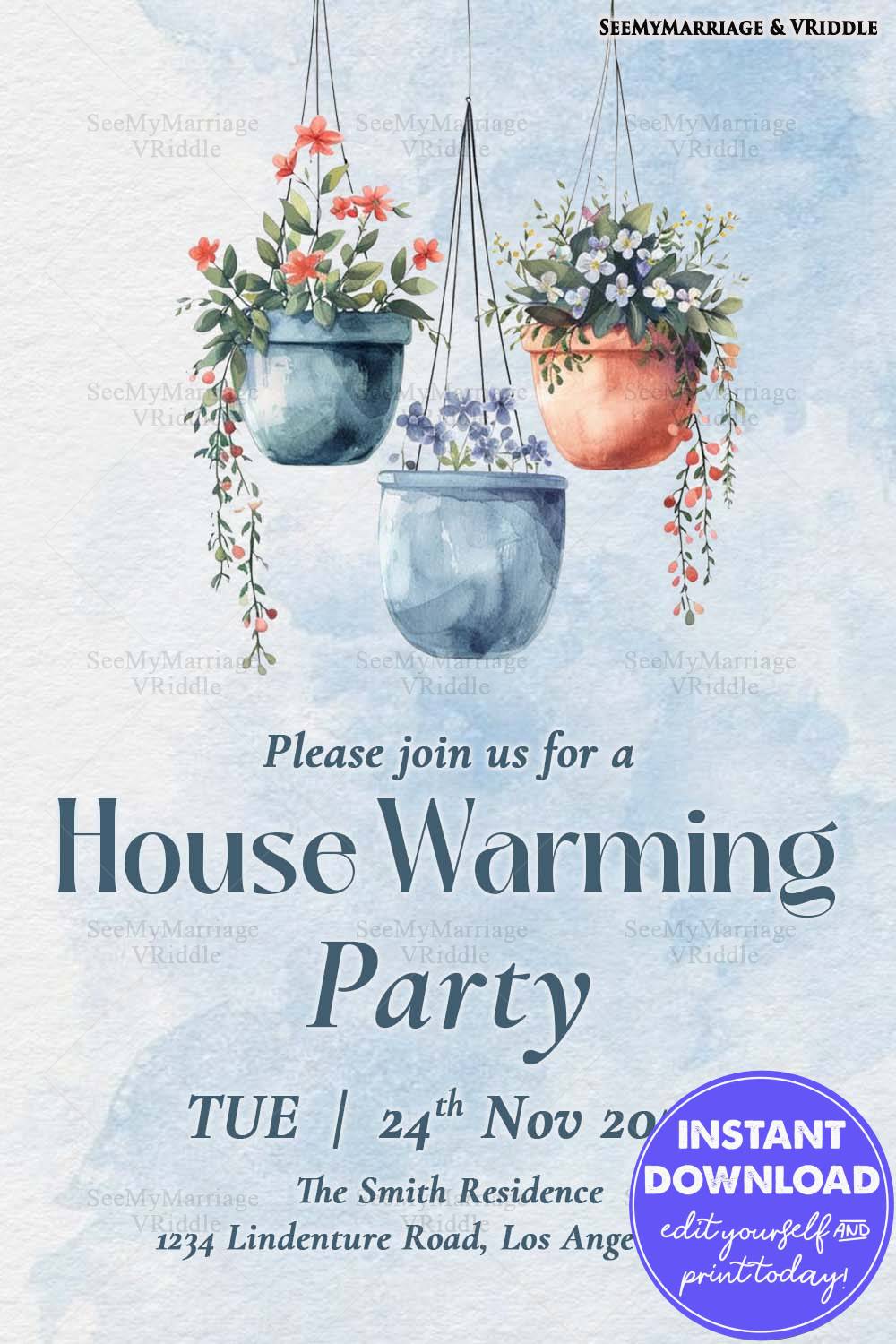 Minimalistic Housewarming Invitation with Hanging Planters and Soft Watercolor Background