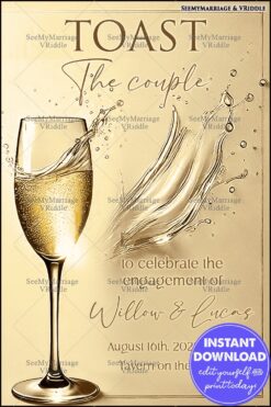 Modern Champagne-Themed Engagement Invitation with Luxe Golden Splash and Elegance