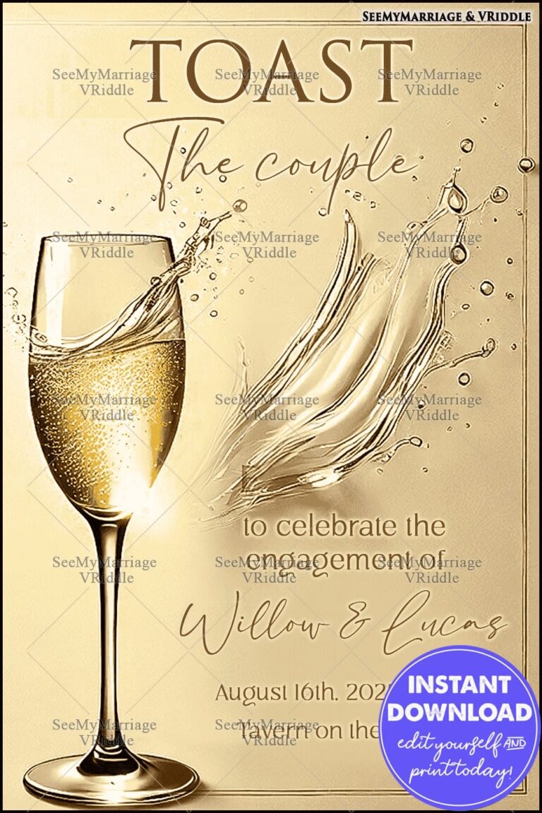Modern Champagne-Themed Engagement Invitation with Luxe Golden Splash and Elegance