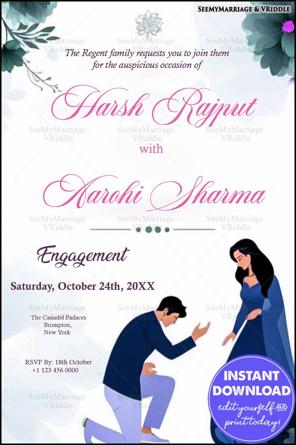 Modern Engagement Invitation with Romantic Proposal Illustration Elegant Floral Accents