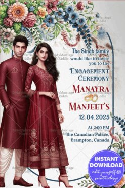 Modern Indian Engagement Invitation Card with Couple in Maroon Outfits and Subtle Pastel Floral Motifs
