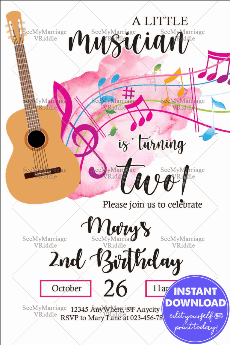 Musical-Themed Kid's 2nd Birthday Invitation with Watercolor Guitar, Notes, and Bright Colorful Accents