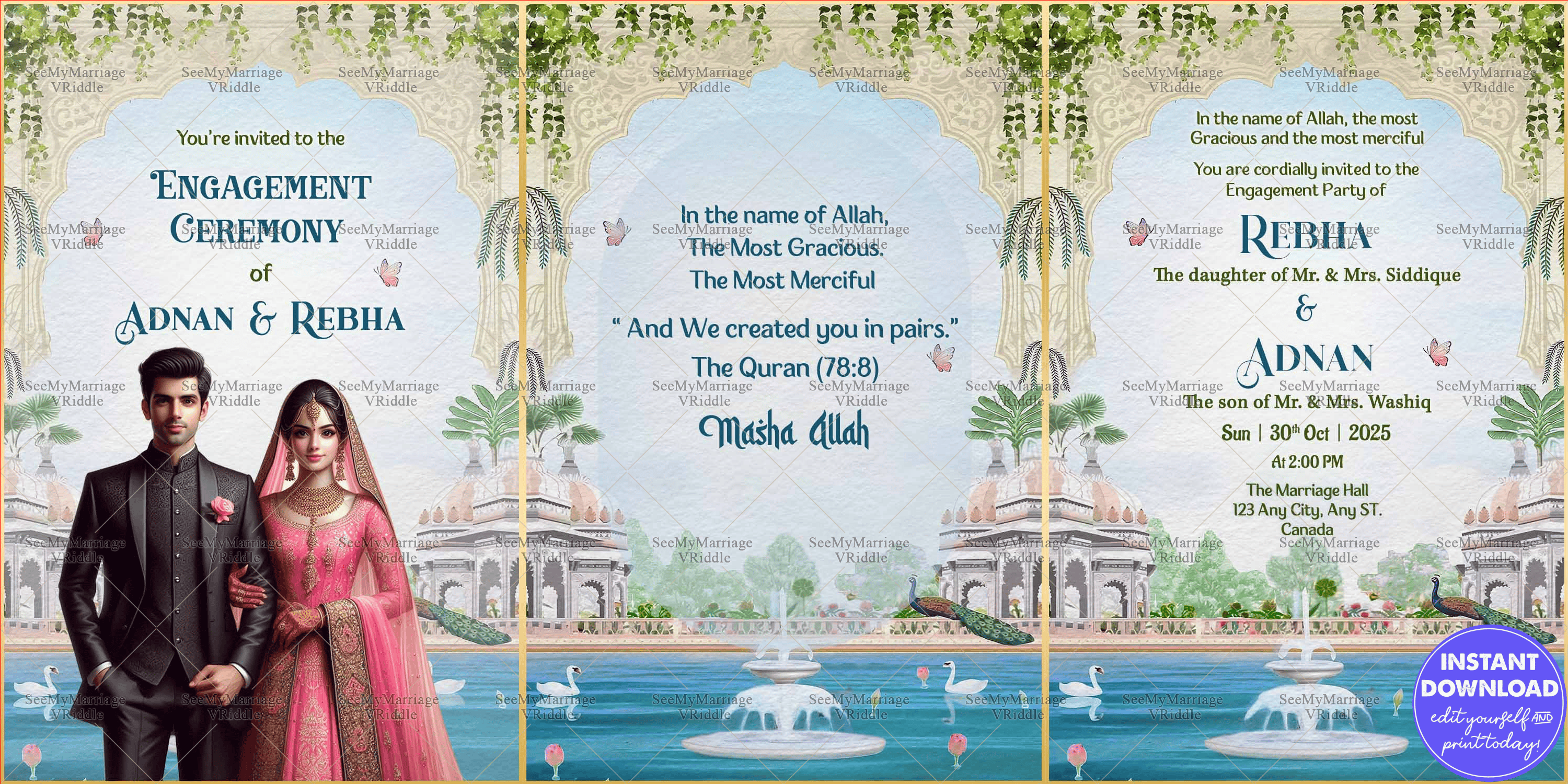Muslim Engagement Invitation with Religious Motifs, Muslim Couple Illustration and Scenic Backdrop of a Palace in Three Sections