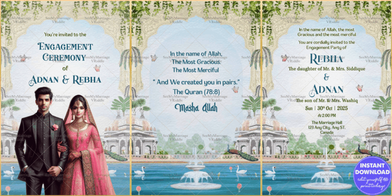 Muslim Engagement Invitation with Religious Motifs, Muslim Couple Illustration and Scenic Backdrop of a Palace in Three Sections