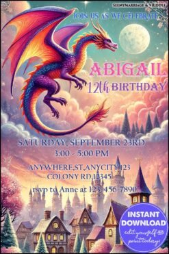 Mystical Dragon-Themed 12th Birthday Party Invitation with Magical Castle Backdrop and Vibrant Colors