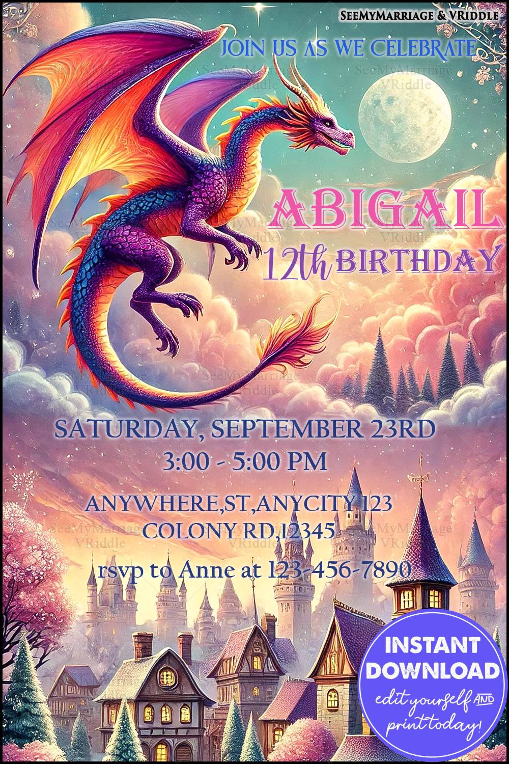 Mystical Dragon-Themed 12th Birthday Party Invitation with Magical Castle Backdrop and Vibrant Colors