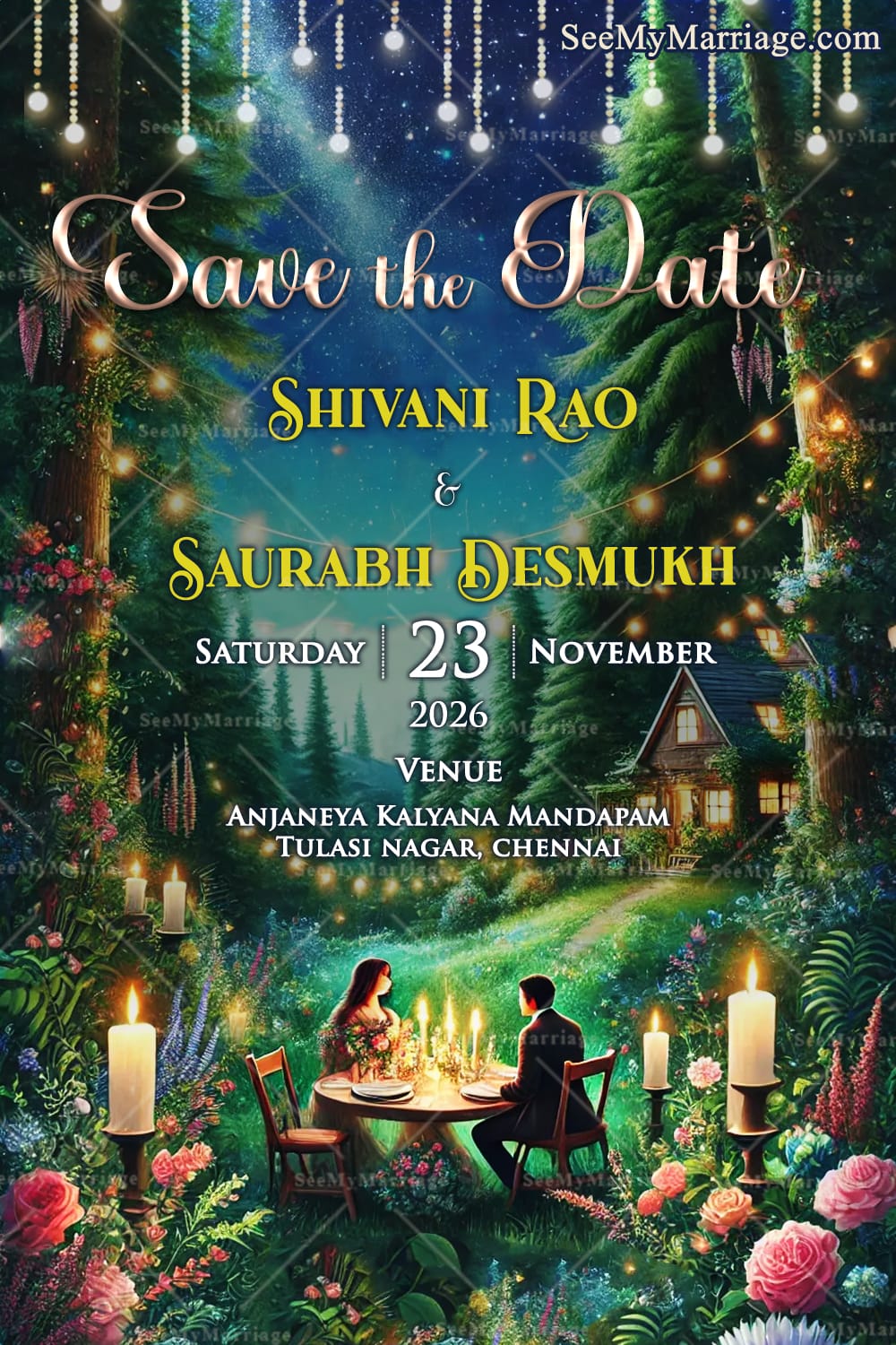 Mystical Garden Save the Date Card with Candlelight Romance, Floral Paradise