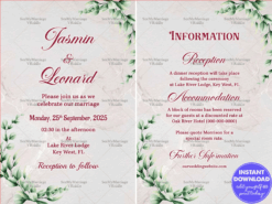 Nature-Inspired Modern Wedding Invitation Card with Reception Information and Warm Gold Accents