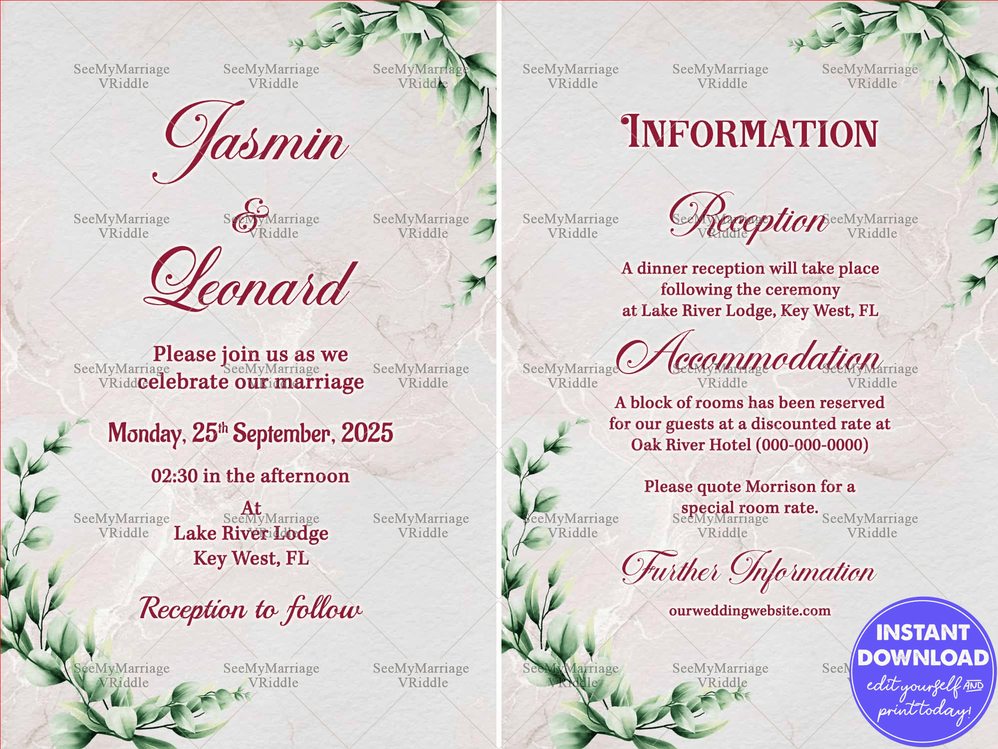 Nature-Inspired Modern Wedding Invitation Card with Reception Information and Warm Gold Accents