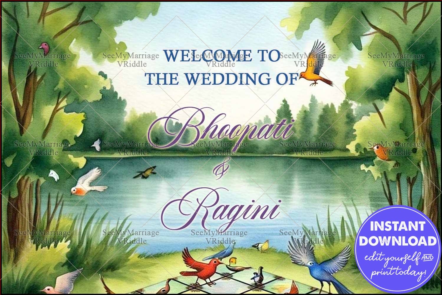 Nature-Themed Wedding Banner with Scenic Lake, Birds, and Verdant Forest Illustration