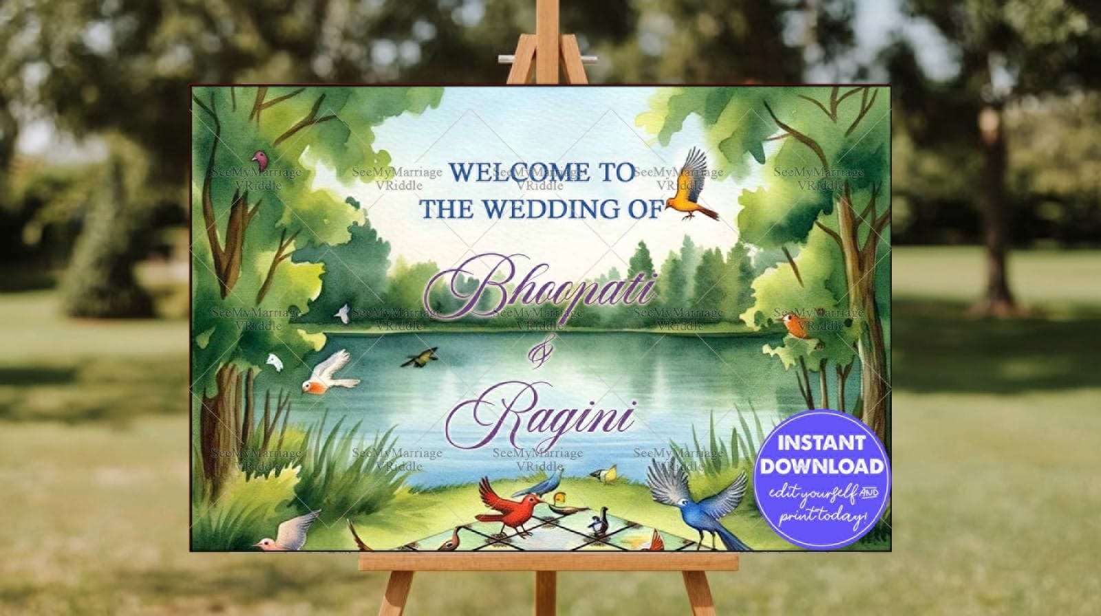 Nature-Themed Wedding Banner with Scenic Lake, Birds, and Verdant Forest Illustration
