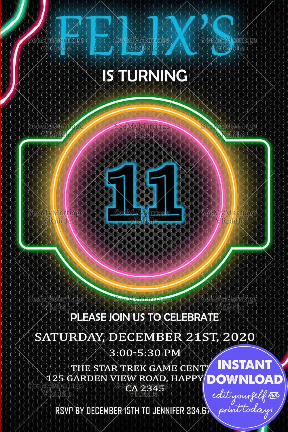 Neon-Themed 11th Birthday Party Invitation with Glow-Inspired Elements and Bold Futuristic Design