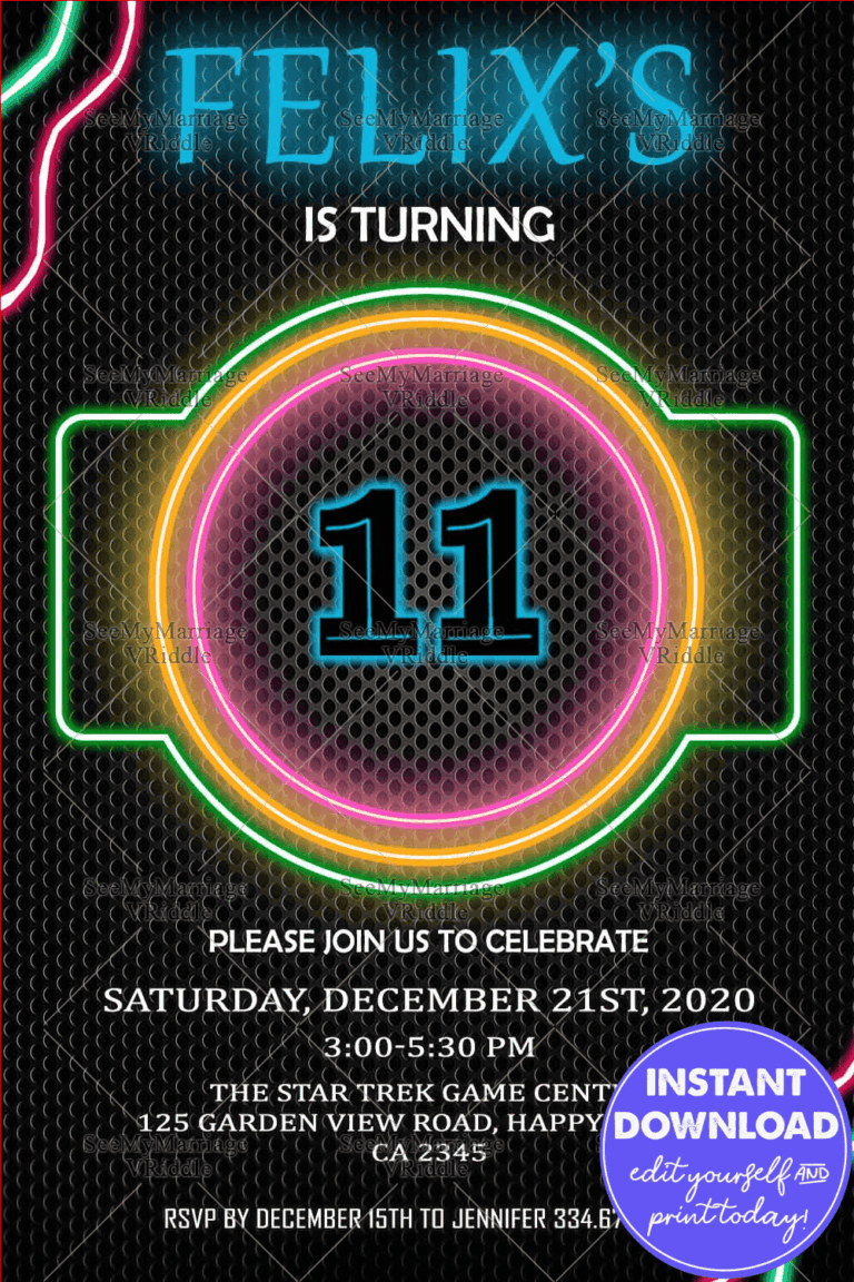 Neon-Themed 11th Birthday Party Invitation with Glow-Inspired Elements and Bold Futuristic Design