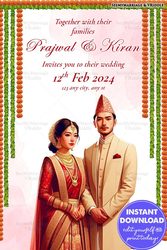 Nepali Traditional Wedding Invitation with Marigold Garlands and a Portrait of the Bride and Groom