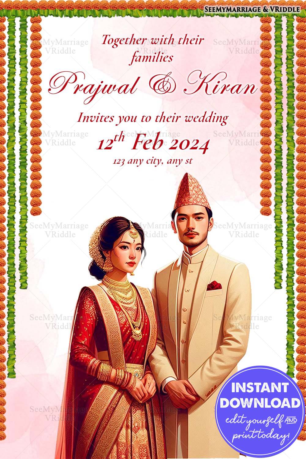 Nepali Traditional Wedding Invitation with Marigold Garlands and a Portrait of the Bride and Groom