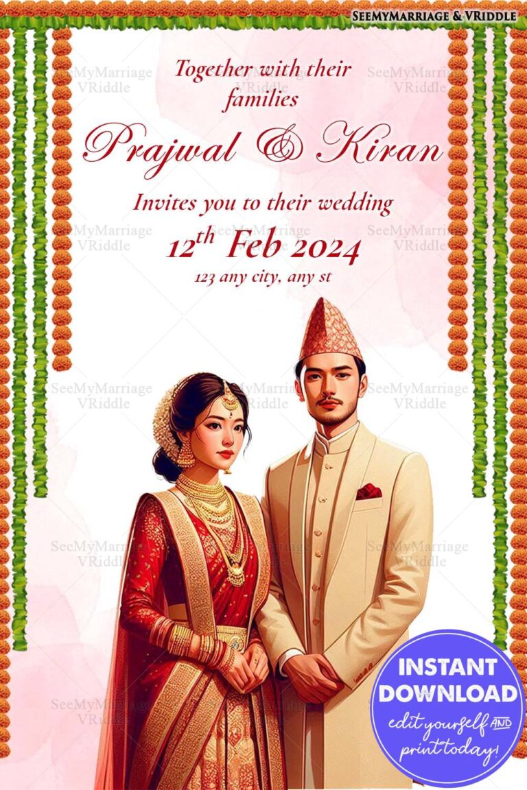 Nepali Traditional Wedding Invitation with Marigold Garlands and a Portrait of the Bride and Groom