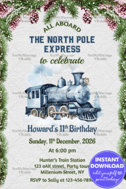 North Pole Express 1st Birthday Invitation with Winter Train Illustration and Festive Green Accents