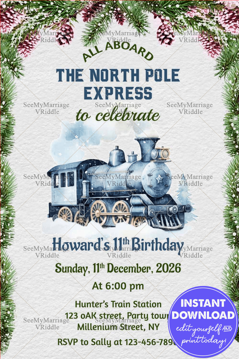 North Pole Express 1st Birthday Invitation with Winter Train Illustration and Festive Green Accents
