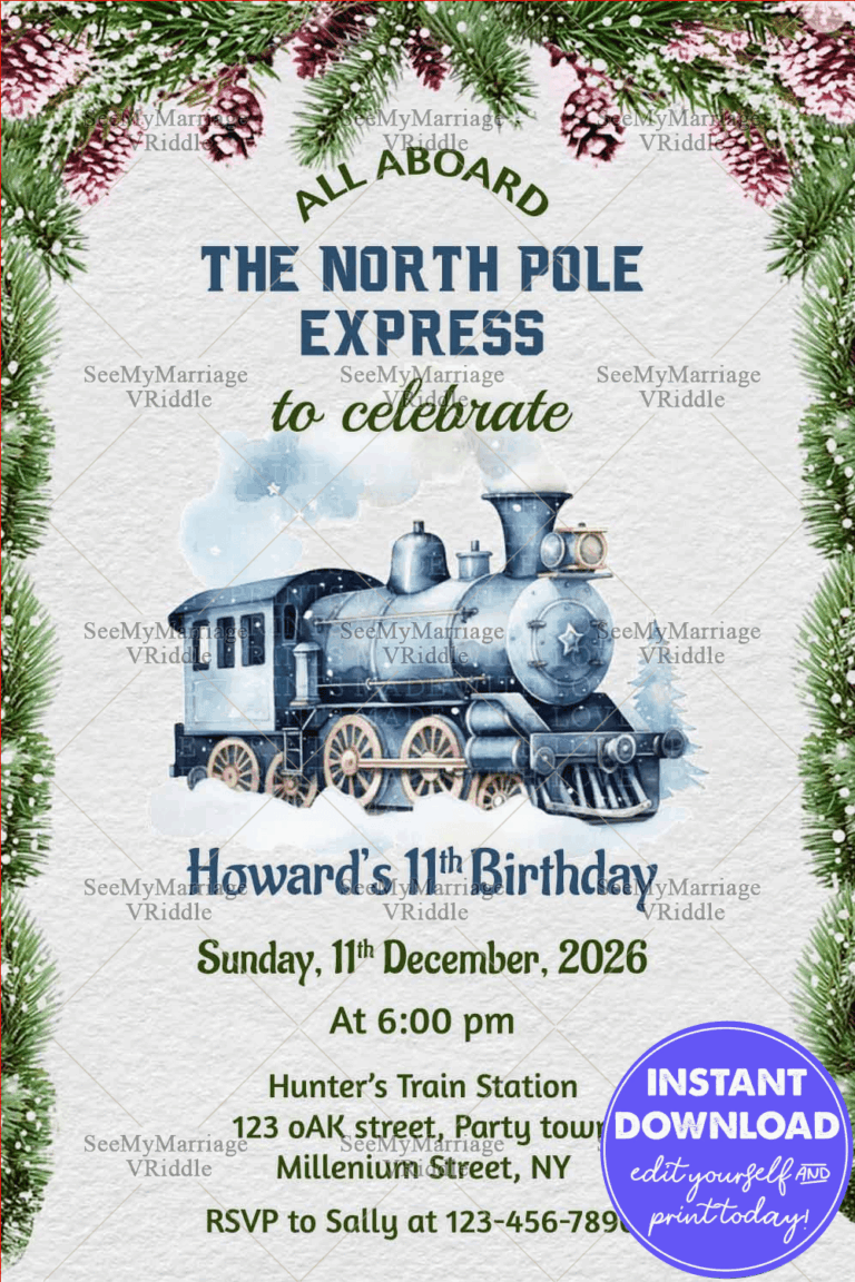 North Pole Express 1st Birthday Invitation with Winter Train Illustration and Festive Green Accents