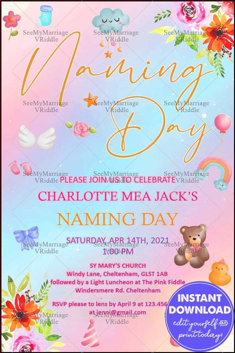 Pastel Gradient Background Naming Day Invitation with Spring Floral Accents