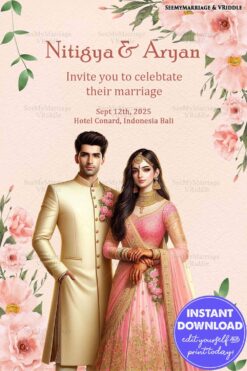 Pastel Pink Indian Wedding Invitation with Florals Featuring Couple in Gold and Pink Attire