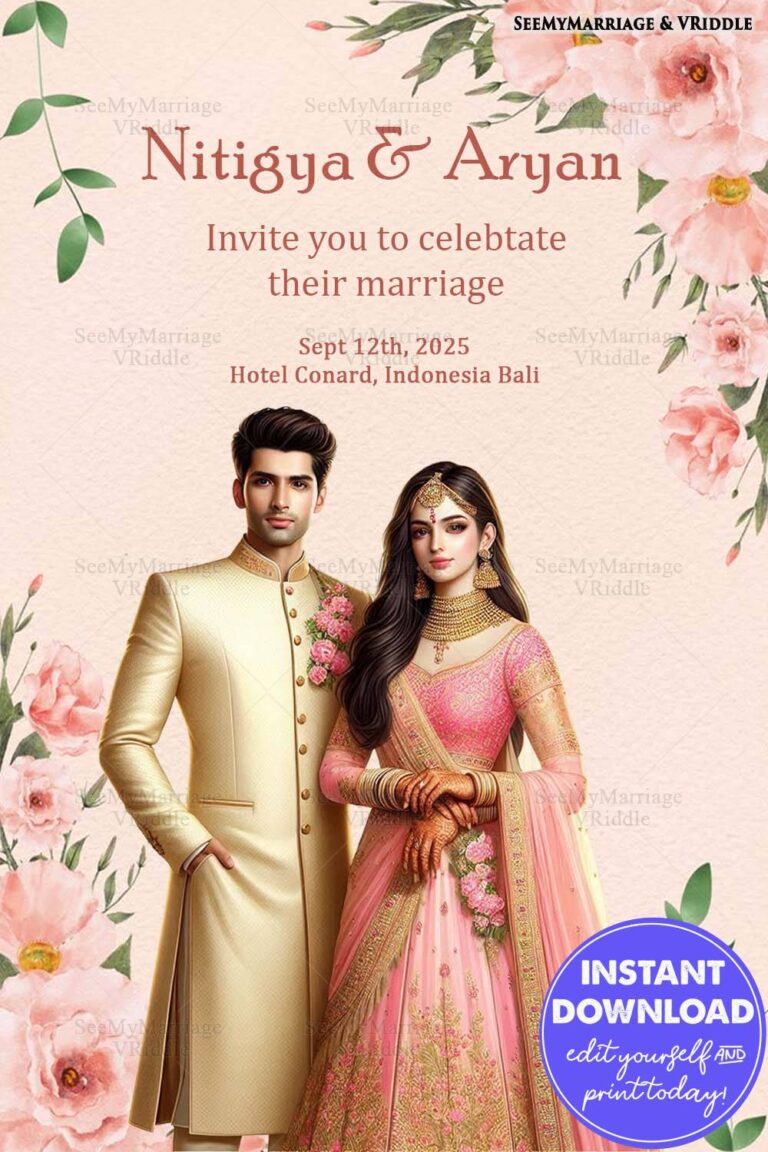 Pastel Pink Indian Wedding Invitation with Florals Featuring Couple in Gold and Pink Attire
