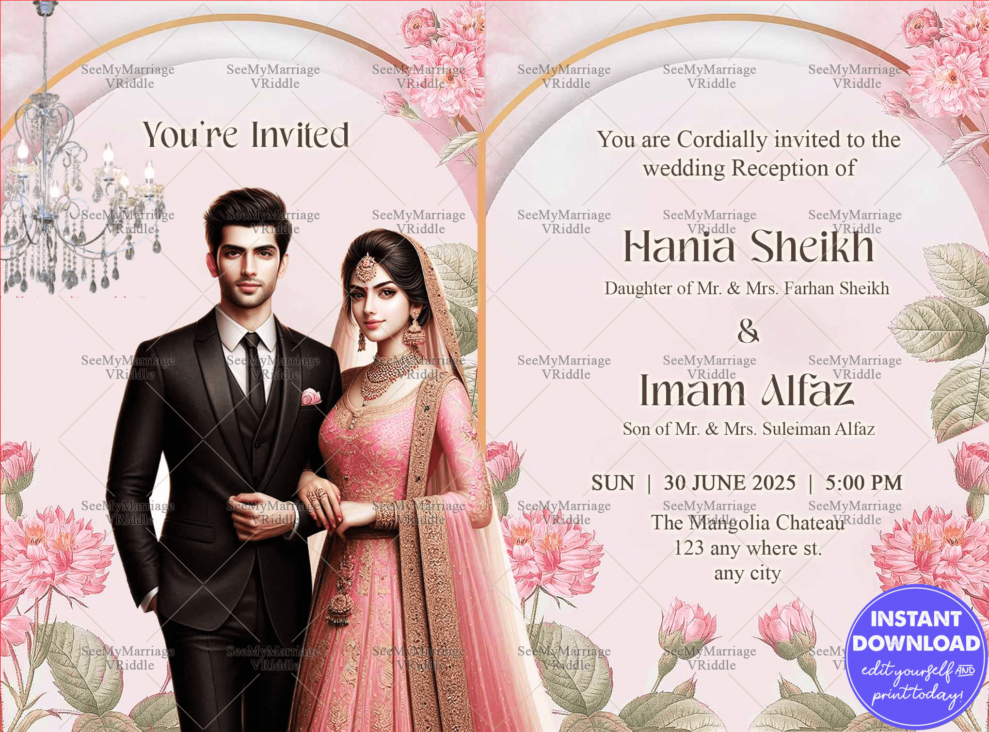 Pastel Pink Muslim Wedding Reception Invitation with Chandelier, Florals and Elegant Couple Illustration