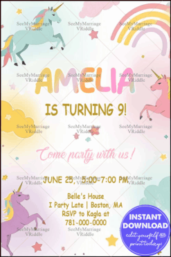 Pastel Unicorn-Themed 9th Birthday Party Invitation with Rainbows and Stars