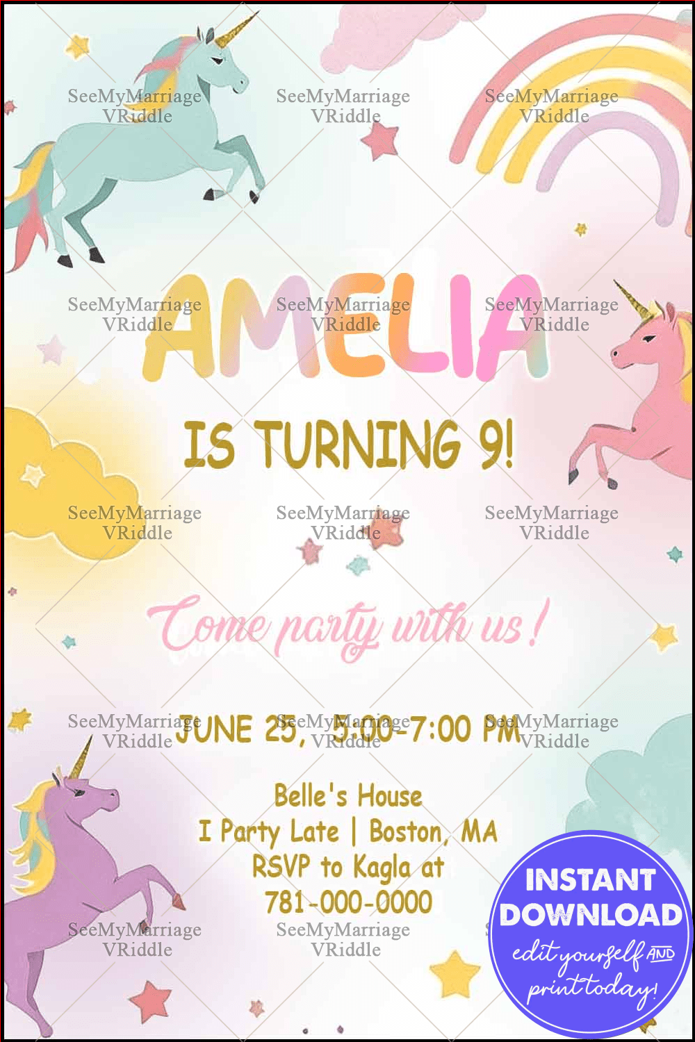 Pastel Unicorn-Themed 9th Birthday Party Invitation with Rainbows and Stars