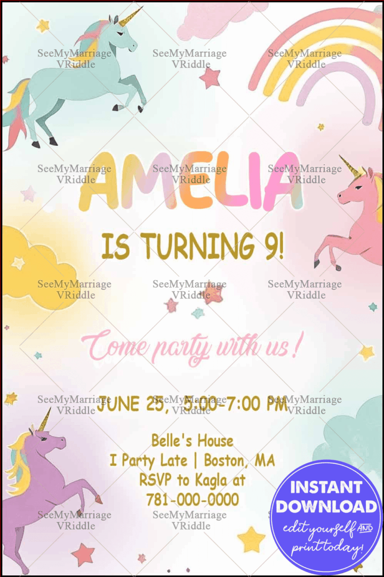 Pastel Unicorn-Themed 9th Birthday Party Invitation with Rainbows and Stars