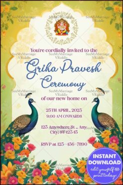 Peacock Motifs Griha Pravesh Invitation with Blooming Floral Accents Green Geometric Patterns