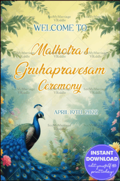 Peacock-Themed Gruhapravesam Invitation with Elegant Yellow and Green Accents
