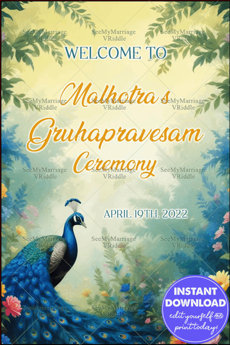 Peacock-Themed Gruhapravesam Invitation with Elegant Yellow and Green Accents