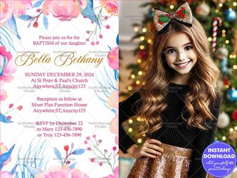 Personalized Baptism Invitation Card with Watercolor Florals, Gold Script and a Heartwarming Image of a Child