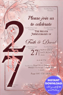 Pink Floral 27th Anniversary Invitation with Bold Typography and Gold Accents for a Milestone Celebration