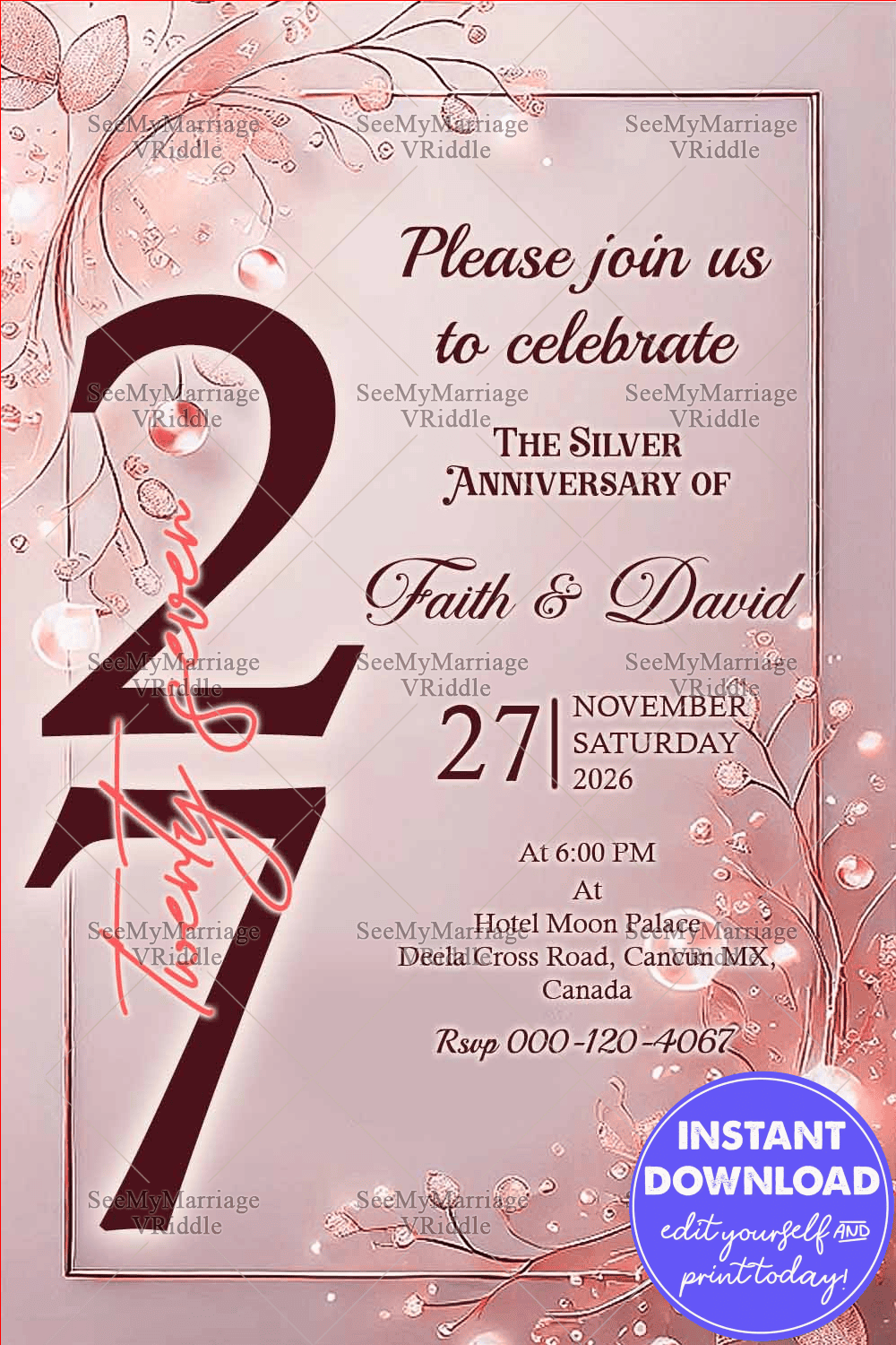 Pink Floral 27th Anniversary Invitation with Bold Typography and Gold Accents for a Milestone Celebration