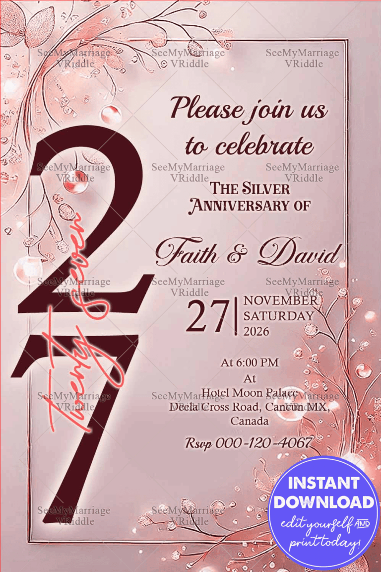 Pink Floral 27th Anniversary Invitation with Bold Typography and Gold Accents for a Milestone Celebration