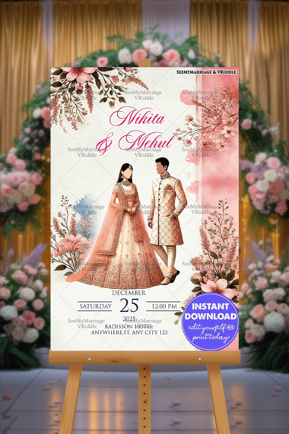 Pink Floral Indian Wedding Banner Sign with a Couple Illustration in Indian Traditional Attire Mockup