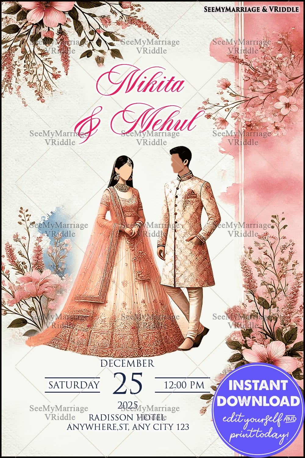 Pink Floral Indian Wedding BannerSign with a Couple Illustration in Indian Traditional Attire