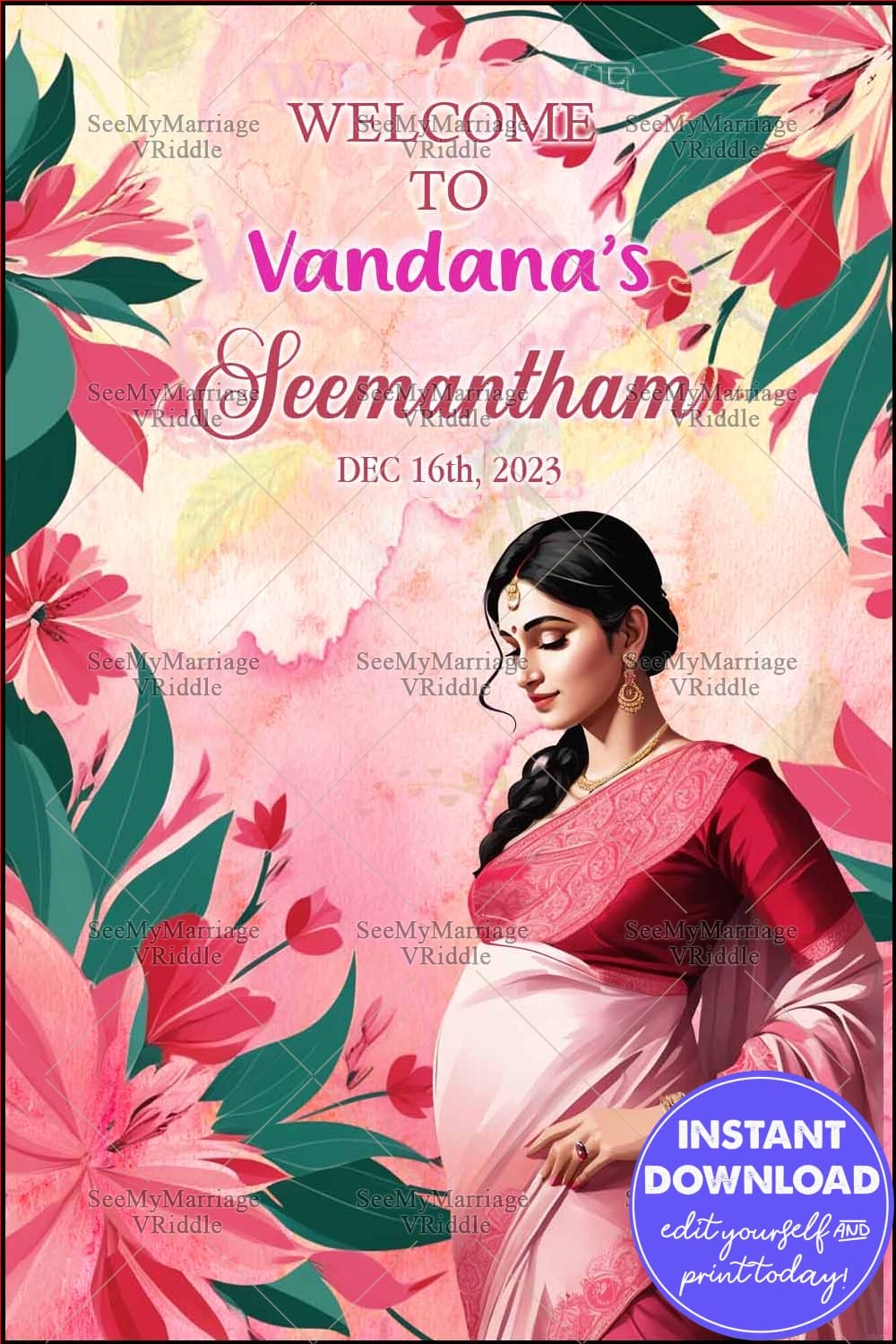Pink Floral Seemantham Welcome Banner with Mother-to-Be Illustration and Bold Event Typography